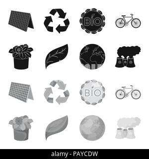 Zu einem Verarbeitungsbetrieb, Blumen in einen Topf, ein grünes Blatt, ein Planet Erde. Bio und Ökologie set Sammlung Icons in Schwarz, Schwarz-Weiß Stil vektor Symbol lieferbar Stock Vektor