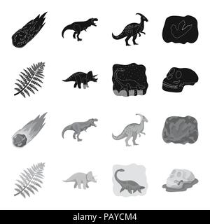 Meer Dinosaurier, Triceratops, prähistorische Pflanze, menschlicher Schädel. Dinosaurier und prähistorischen Periode set Sammlung Icons in Schwarz, Schwarz-Weiß Stil vektor Symbol Stock Vektor