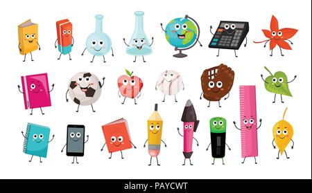 Cute cartoon School Zeichen Sammlung. Vector Illustration der Schule Objekte auf weißem Hintergrund. Zurück zu Schule lustige Smileys. Stock Vektor