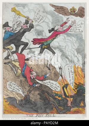 Die Pitt fallen. Künstler: Frederick George Byron (Briten, Mansfield 1764-1792 Bristol); früher zurückzuführen auf Thomas Rowlandson (Briten, London 1757-1827 London). Maße: Blatt: 14 5/6 x 10 5/8 in. (36,6 × 27 cm). Herausgeber: Möglicherweise William Holland (British, 1757-1815). Betrifft: Baron Edward Thurlow (Briten, Norfolk Brighton 1731-1806); William Pitt (British, 1759-1806); Augustus Henry Fitzroy, 3. Herzog von Grafton; Charles II., König von England (London 1630-1685 London). Datum: Januar 1789. Museum: Metropolitan Museum of Art, New York, USA. Stockfoto