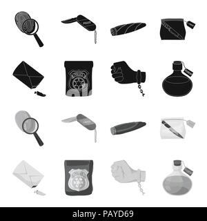 Der detective Badge, die Handschellen über die strafrechtliche Seite, den Stumpf der Finger in der Tasche, das Fläschchen mit dem Gift. Kriminalität und Detektiv set sammeln Stock Vektor