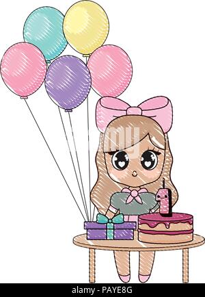 Happy birthday Design mit asiatischen Mädchen mit Tabelle mit Ballons und Geburtstagstorte mit weißem Hintergrund, Vector Illustration Stock Vektor