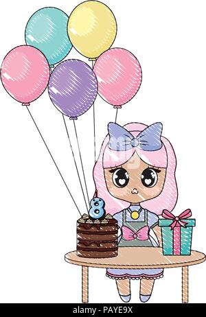 Happy birthday Design mit asiatischen Mädchen mit Tabelle mit Ballons und Geburtstagstorte mit weißem Hintergrund, Vector Illustration Stock Vektor