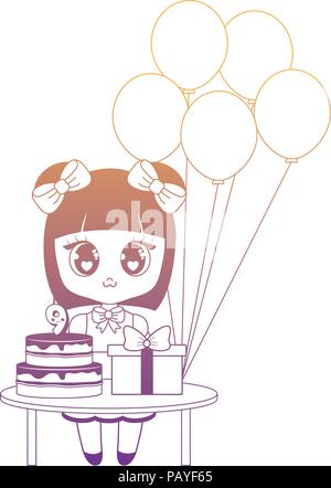 Happy birthday Design mit asiatischen Mädchen mit Tabelle mit Ballons und Geburtstagstorte mit weißem Hintergrund, Vector Illustration Stock Vektor