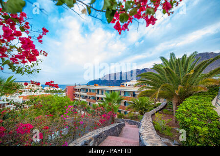 Schöne Bougainvillea Blumen und Palmen in der Nähe der Unterkunft in Teneriffa, Spanien Stockfoto