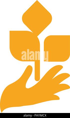 Orange hand mit Blättern. Sprout, neues Leben. Natur Element Schriftzug. Landwirtschaftliche organisches Produkt anmelden. Ernte Vector Illustration Stock Vektor