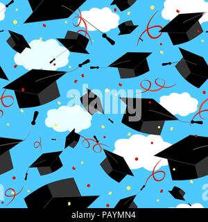 Graduation Caps in der Luft. Absolvent Hintergrund. Vektor nahtlose Muster Stock Vektor