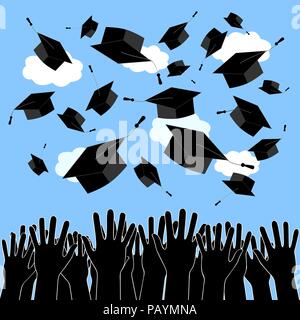 Absolvent Hände Silhouetten werfen bis Graduierung Hüte. Abschlussfeier Hintergrund. Graduation Caps in der Luft. Stock Vektor