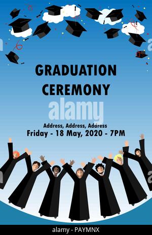 Vektor banner ror draduation Zeremonie. Studenten feiern Ihren Abschluss durch ihre Graduierung hüte Werfen in die Luft. Eduaction Karte oder Frame Stock Vektor