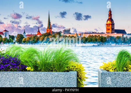 Urban Blumentöpfe mit Riga Altstadt Skyline im Hintergrund, während Sie im Sonnenuntergang Stockfoto