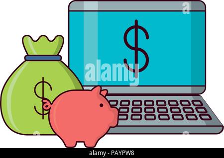 Laptop mit piggy Bank und Geld Sack über weißer Hintergrund, Vektor, Abbildung Stock Vektor