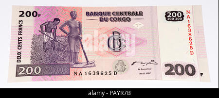 200 kongolesischen Franken Bank Note des Kongo. Congoles Franken ist die nationale Währung der Republik Kongo Stockfoto