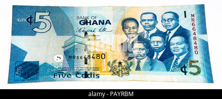 5 Ghana Cedi Bank Note. Ghana Cedi ist die nationale Währung der Ghana Stockfoto