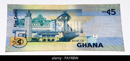 5 Ghana Cedi Bank Note. Ghana Cedi ist die nationale Währung der Ghana Stockfoto