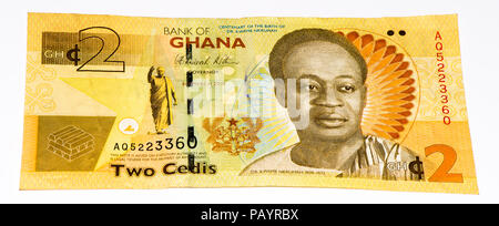 2 Ghana Cedi Bank Note. Ghana Cedi ist die nationale Währung der Ghana Stockfoto