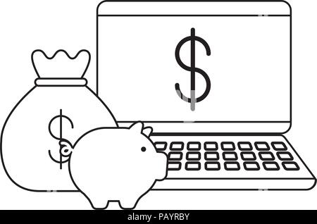 Laptop mit piggy Bank und Geld Sack über weißer Hintergrund, Vektor, Abbildung Stock Vektor