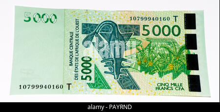 5000 CFA-Franc Bank Note. CFA-Franc ist in 14 afrikanischen Ländern verwendet. Stockfoto