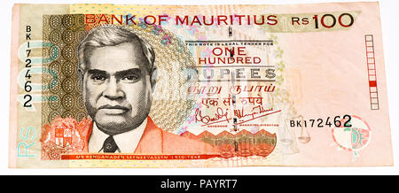 100 Mauritian rupies Bank Note. Mauritische Rupie ist die wichtigste Währung von Mauritius Stockfoto