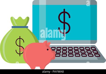 Laptop mit piggy Bank und Geld Sack über weißer Hintergrund, Vektor, Abbildung Stock Vektor