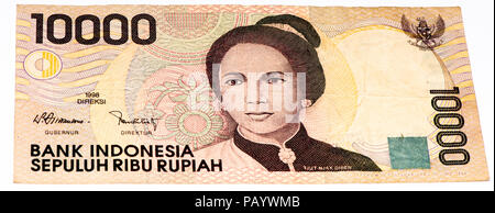 VELIKIE LUKI, Russland - Juli 30, 2015: 10.000 Rupiah Bank Note. Rupiah ist die nationale Währung der Indonesien Stockfoto