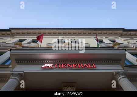 SZEGED, UNGARN - Juli 3, 2018: Generali Versicherungen Logo auf Ihrer Hauptniederlassung für Szeged. Die Assicurazioni Generali ist die größte italienische Versiche Stockfoto