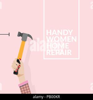 Frau mit Hammer und Nagel an der Wand auf rosa Hintergrund isoliert. do it yourself Home Reparatur durch Frau Konzept. Vector EPS Abbildung 10 mit kopieren Stock Vektor
