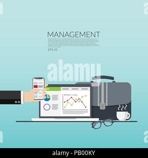 Die Hand des Business Mann mit Handy, Computer Laptop mit Daten Grafik auf dem Bildschirm, Dokumententasche und heißem Kaffee Tasse auf grauem Hintergrund. Stock Vektor