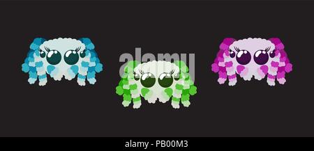 Cute peacock Spinnen in Rot, Rosa, Grün und Blau auf Schwarz Vector Illustration isolierte Gruppe Stock Vektor