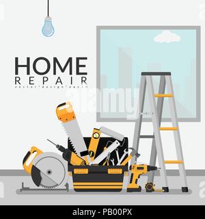 Vector Illustration der Toolbox mit Reparatur Werkzeuge im Zimmer mit weißen Wand- und Stadtblick durch durch das Fenster. home Reparatur mit Kopie Raum Stock Vektor