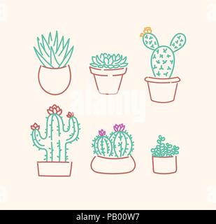 Verschiedene sukkulenten Kaktus Typen in Blumentöpfen Vektor-illustration lineare cute Skizze einstellen Stock Vektor