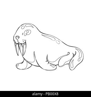Vector Illustration von Walross in Lichtband grafischem Stil, schwarzen countour skizzieren Skizze isoliert auf weißem Stock Vektor