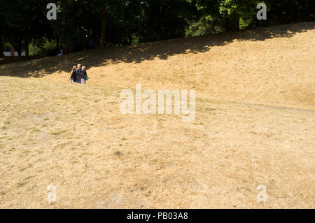 Trockenes Gras in einem Park in die Stadt Bristol, UK, während der Hitzewelle im Sommer 2018 Stockfoto