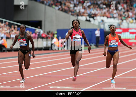 Marie-Josée TA LOU (Côte d'Ivoire, Elfenbeinküste), Shericka JACKSON (Jamaika), Dina ASHER - Smith (Großbritannien) Überqueren der Ziellinie in 200 m-Finale der Frauen im Jahr 2018 IAAF Diamond League, Jubiläum Spiele, Queen Elizabeth Olympic Park, Stratford, London, UK. Stockfoto