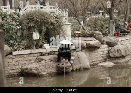 Kunming, Yunnan, China - 30 Dezember 2017: eine Frau ist, die im Lotus Teich See Stockfoto