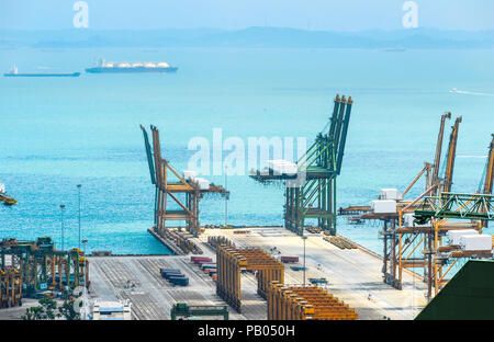 Luftaufnahme von Singapur kommerziellen Hafen mit Kränen und Container auf Pier, Seascape mit Schiffen auf Hintergrund Stockfoto