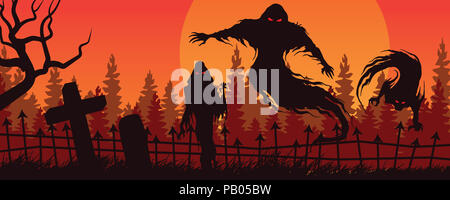Halloween rot orange Landschaft mit geisterhaften Abbildung und Friedhof Stockfoto