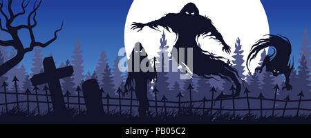 Halloween blau Landschaft mit geisterhaften Abbildung und Friedhof Stockfoto