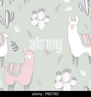 Nahtlose Muster mit Lama im Comic-stil. Hand Vector Illustration gezeichnet. Elemente für die Grußkarte, Poster, Banner. T-Shirt, Notebook und Aufkleber Design. Stock Vektor