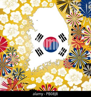Vektor Karte mit Südkorea Karte auf goldenem Hintergrund mit weißen und goldenen hibiscuses und abstarct Feuerwerk in den nationalen Farben Stock Vektor