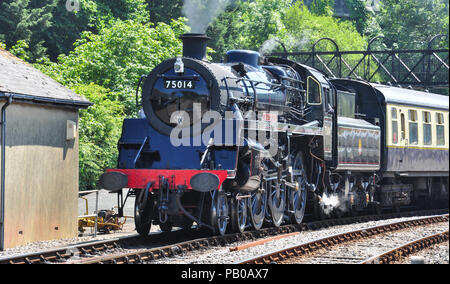 Standard Klasse 4 Dampflok verlassen Kingswear, Dartmouth Steam Railway, South Devon, England, Großbritannien Stockfoto