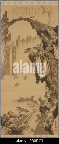 Löwen an der Steinernen Brücke auf den Berg Tiantai. Artist: Soga Shohaku (Japanisch, 1730-1781); Geschrieben von Gaza Nanso (Japanisch, 1727-1797). Kultur: Japan. Abmessungen: Bild: 44 7/8 in. × 20 in. (114 × 50,8 cm) Insgesamt mit Montage: 79 1/8 x 25 1/4 in. (201×64 cm) Insgesamt mit den Knöpfen: 79 1/8 x 27 1/2 in. (201 × 69,8 cm). Datum: 1779. In diesem fantastischen Szene am Naturstein Brücke auf dem Berg Tiantai, in der chinesischen Provinz Zhejiang, eine Mutter lion wirft Jungen über die Felsen zu sehen, die durchhalten im Leben durch zurück zu Ihrem klettern, um erfolgreich zu sein. Analogien werden oft an die Künstler oder Lehrer gemacht Stockfoto