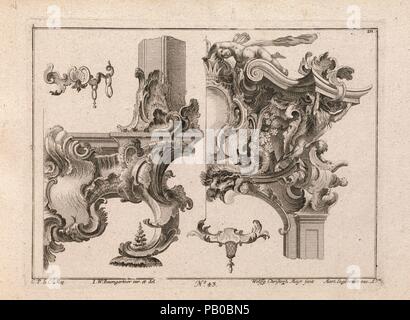 Vorschlag für die Dekoration von Unten Rechts und Oben Rechts eines Altars, Rahmen, Platte 1 aus einer unbetitelten Serie mit Rocailles Verzierungen für Altar und Türrahmen. Artist: Nach Johann Wolfgang Baumgartner (Deutsch, Kufstein 1712-1761 Augsburg). Abmessungen: Insgesamt: 8 7/16 x 13 3/4 in. (21,5 × 35 cm). Engraver: Wolffgang Christoph Mayr (Deutsch, aktive Kassel und Augsburg (?), Ca. 1740-1770). Herausgeber: Martin Engelbrecht (Deutsch, Augsburg 1684-1756 Augsburg). Datum: gedruckt werden kann. 1750-56. Ornament drucken mit Anregungen für die Dekoration der unteren rechten einer suspendierten Frame einer pier Glas oder ein Stockfoto