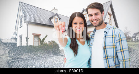 Zusammengesetztes Bild des jungen Brautpaares zeigt neuen Hausschlüssel Stockfoto