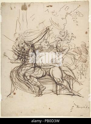 Falstaff mit Frau Ford und Frau Seite (Shakespeare, Die lustigen Weiber von Windsor, Akt 5, Szene 5). Artist: Henry Fuseli (Swiss, Zürich 1741-1825 London). Abmessungen: 10 1/16 x 7 13/16-in. (25,6 x 19,9 cm). Betrifft: William Shakespeare (Britisch, Stratford-upon-Avon 1564-1616 Stratford-upon-Avon). Datum: 1790. Dieses rasch Handskizze vermittelt die Essenz der Haltung und Geste in ein Thema gefunden nahe dem Ende von Shakespeares Die lustigen Weiber von Windsor (Akt 5, Szene 5). Glauben selbst unwiderstehlich, Sir John Falstaff hat eine nächtliche Abtretung mit Der canny Hausfrauen Frau Ford angeordnet und Stockfoto