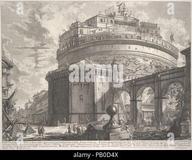 Blick auf das Mausoleum des Kaisers Hadrian (jetzt als Castel S. Angelo) von hinten, von Vedute di Roma (Römische Ansichten). Artist: Giovanni Battista Piranesi (Italienisch, Mogliano Veneto Rom 1720-1778). Maße: Blatt: 20 x 25 9/16 in. (50,8 x 65 cm) Platte: 17 5/16 x 21 15/16 in. (44 x 55,8 cm). Herausgeber: Bouchard & Gravier (Rom). Serie/Portfolio: Vedute di Roma. Datum: Ca. 1756. Piranesis frühesten Blick auf Rom, wie zum Beispiel die Piazza del Popolo (37.45.3.49), hatte die wichtigsten Gebäude an der Rückseite eines großen, geneigt Raum platziert, mit einer Vielfalt von menschlichen Aktivitäten gefüllt. Durch die Mid-1750s Stockfoto