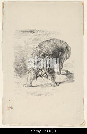 Löwe stand. Künstler: Eugène Delacroix (Französisch, Charenton-Saint-Maurice 1798-1863 Paris). Abmessungen: Bild: 5 11/16 x 5 5/16 in. (14,5 x 13,5 cm) Blatt: 10 5/8 x 7 in. (27 x 17,8 cm). Datum: 1833. Museum: Metropolitan Museum of Art, New York, USA. Stockfoto