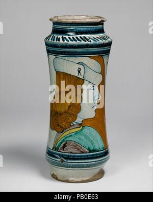 Apothecary jar (albarello). Kultur: Italienisch, Neapel. Abmessungen: Höhe: 11 cm. (29,1 cm). Datum: 1480-1500. Museum: Metropolitan Museum of Art, New York, USA. Stockfoto