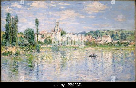 Vétheuil im Sommer. Künstler: Claude Monet (Französisch, Paris 1840-1926 Giverny). Abmessungen: 23 5/8 x 39 1/4 in. (60 x 99,7 cm). Datum: 1880. In dieser Ansicht von Vétheuil, vom gegenüberliegenden Ufer der Seine, das Flackern der einzelnen Pinselstrichen gesehen spiegelt die Sorge von Monet mit Aufnahme Empfindungen von Farbe und Licht so genau wie möglich. Ironischerweise ist diese Praxis führte zu Gemälden einer zunehmend abstrakter Natur. In der Tat, die Bilder fast löst sich in den unzähligen Hauch von Farbe. Museum: Metropolitan Museum of Art, New York, USA. Stockfoto