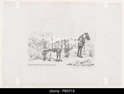 Zwei Pferde angespannt auf einem Wagen, von einem neuen Buch von Pferden und Kutschen. Artist: Thomas Rowlandson (Briten, London 1757-1827 London). Maße: Blatt: 10 3/16 x 14 5/16 in. (25,8 × 36,3 cm) Platte: 5 7/8 x 8 3/8 in. (15 × 21,3 cm). Erschienen in: London. Herausgeber: E. Jackson (London). Serie/Portfolio: Ein neues Buch von Pferden und Wagen (Die Rhedarium). Datum: 1784. Museum: Metropolitan Museum of Art, New York, USA. Stockfoto