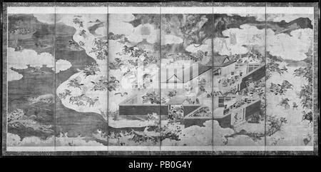 Die Schlacht bei Ichinotani, Szenen aus der Geschichte der Heike. Artist: Tosa Schule. Kultur: Japan. Abmessungen: 68 cm x 133 cm. (174,6 x 338,5 cm). Datum: 17. Der Sieg der Minamoto über die Taira, die die Samurai in Japan mehr als sieben Jahrhunderte hinterlassen, wurde durch diesen Kampf sicher vor der Küste von westlichen Japan im zweiten Monat des Jahres 1184 kämpfte. Um die Minamoto Hochburg bei Ichinotani, Kerben der Krieger sind dargestellt in der dramatischen Auseinandersetzungen im neunten Abschnitt des Heike monogatari erzählt. In der Mitte der beiden linken Panels ist Stockfoto